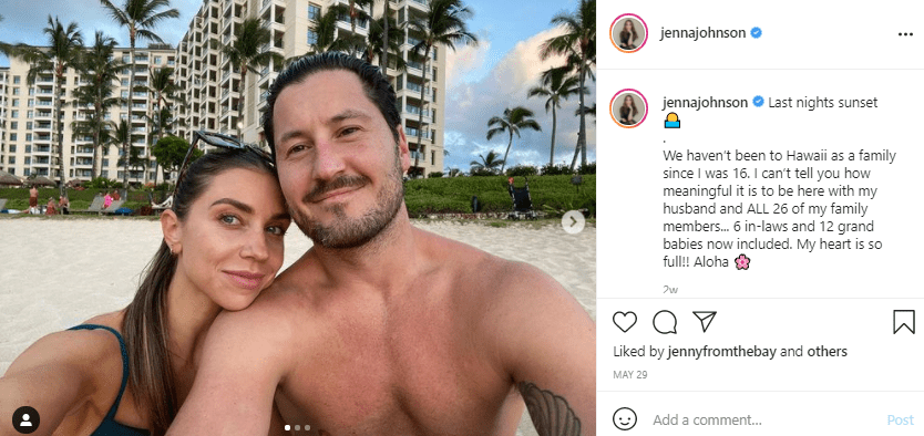A screenshot of "Dancing With The Stars" stars Val Chmerkovskiy and his wife Jenna Johnson, looking gorgeous on Instgaram | Photo: Instagram/jennajohnson