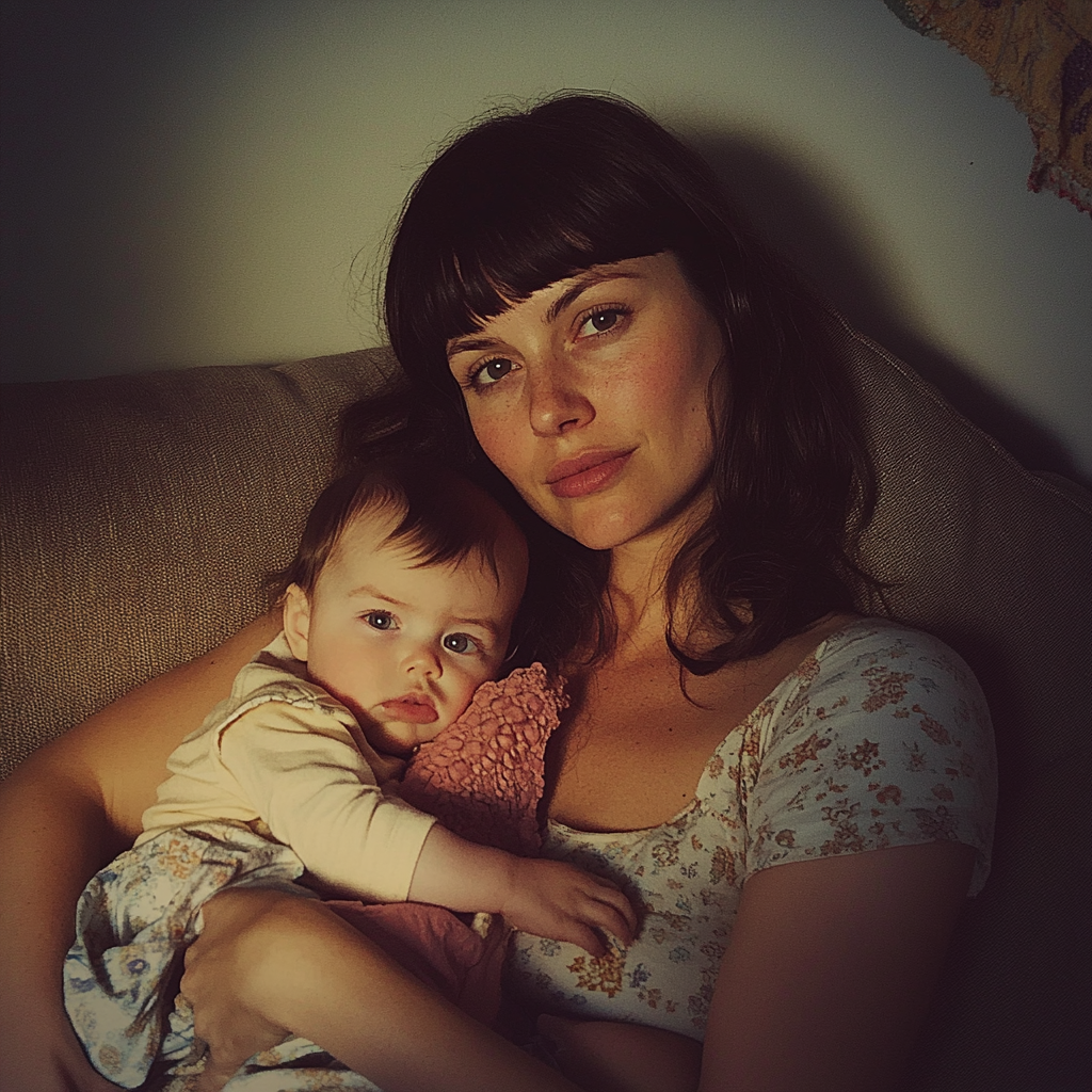 A woman sitting on a couch with a baby | Source: Midjourney