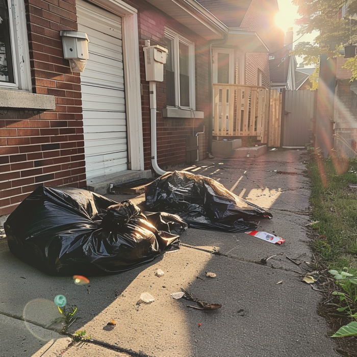 Garbage bags lying outside a house in a neighborhood | Source: Midjourney
