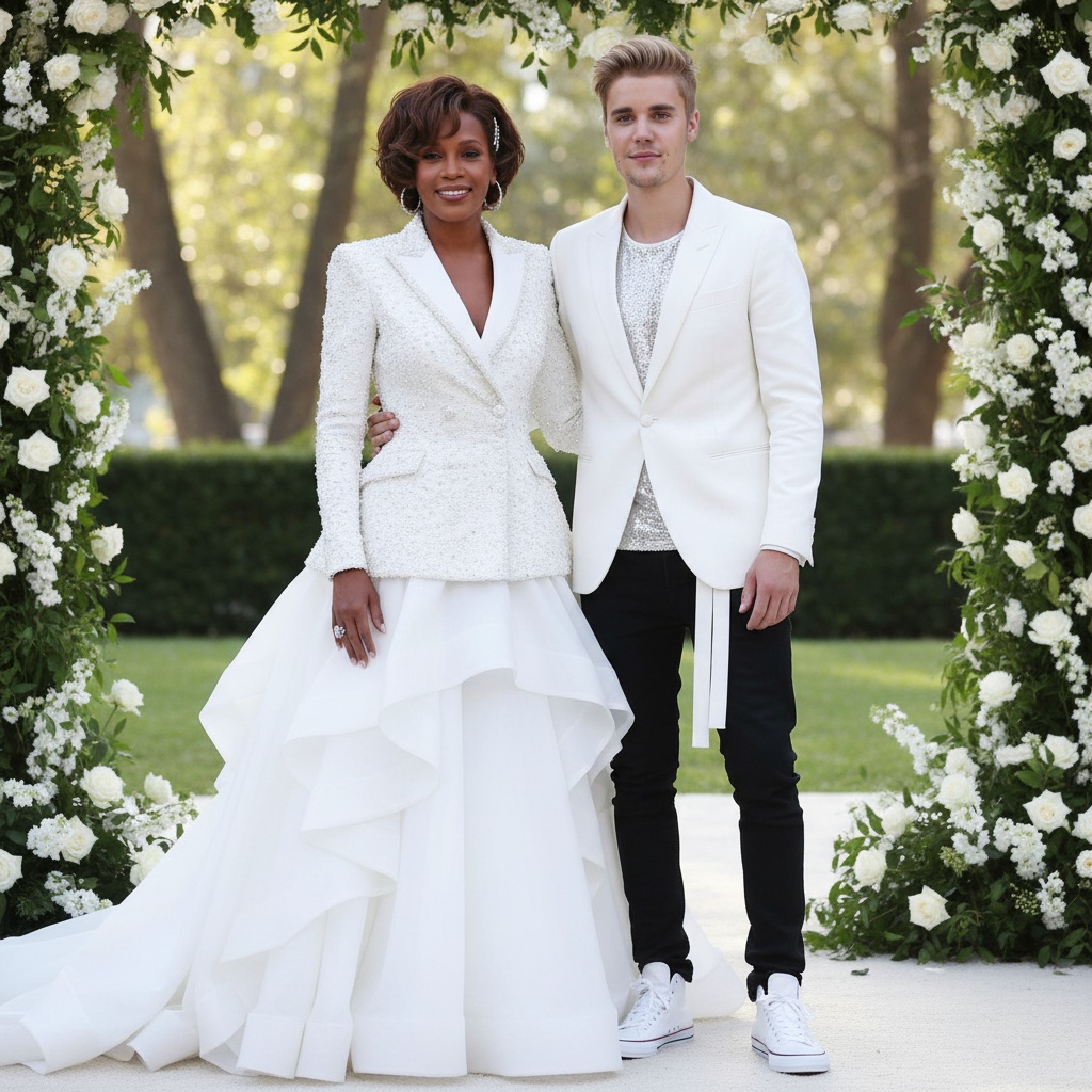 Justin Bieber and Whitney Houston look beautiful in their imaginary wedding portrait | Source: Grok AI