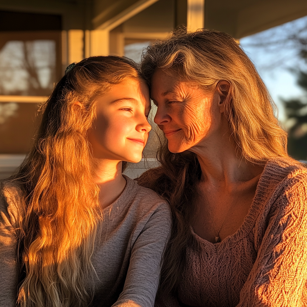 A mother and daughter duo sitting on a porch | Source: Midjourney