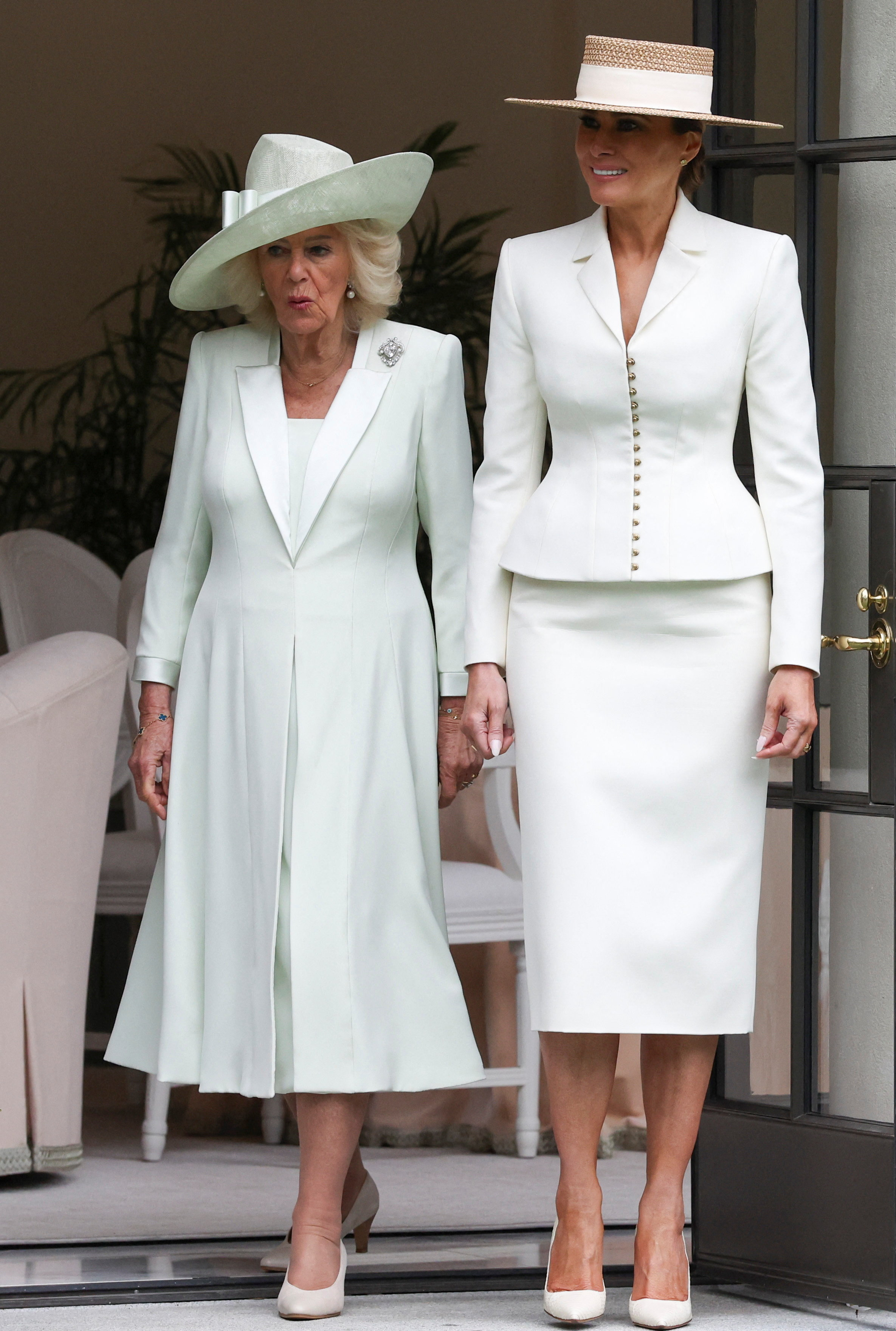 Queen Camilla and Melania Trump attend a cross-cultural educational event at the White House Tennis Pavilion on April 28, 2026, in Washington, DC | Source: Getty Images