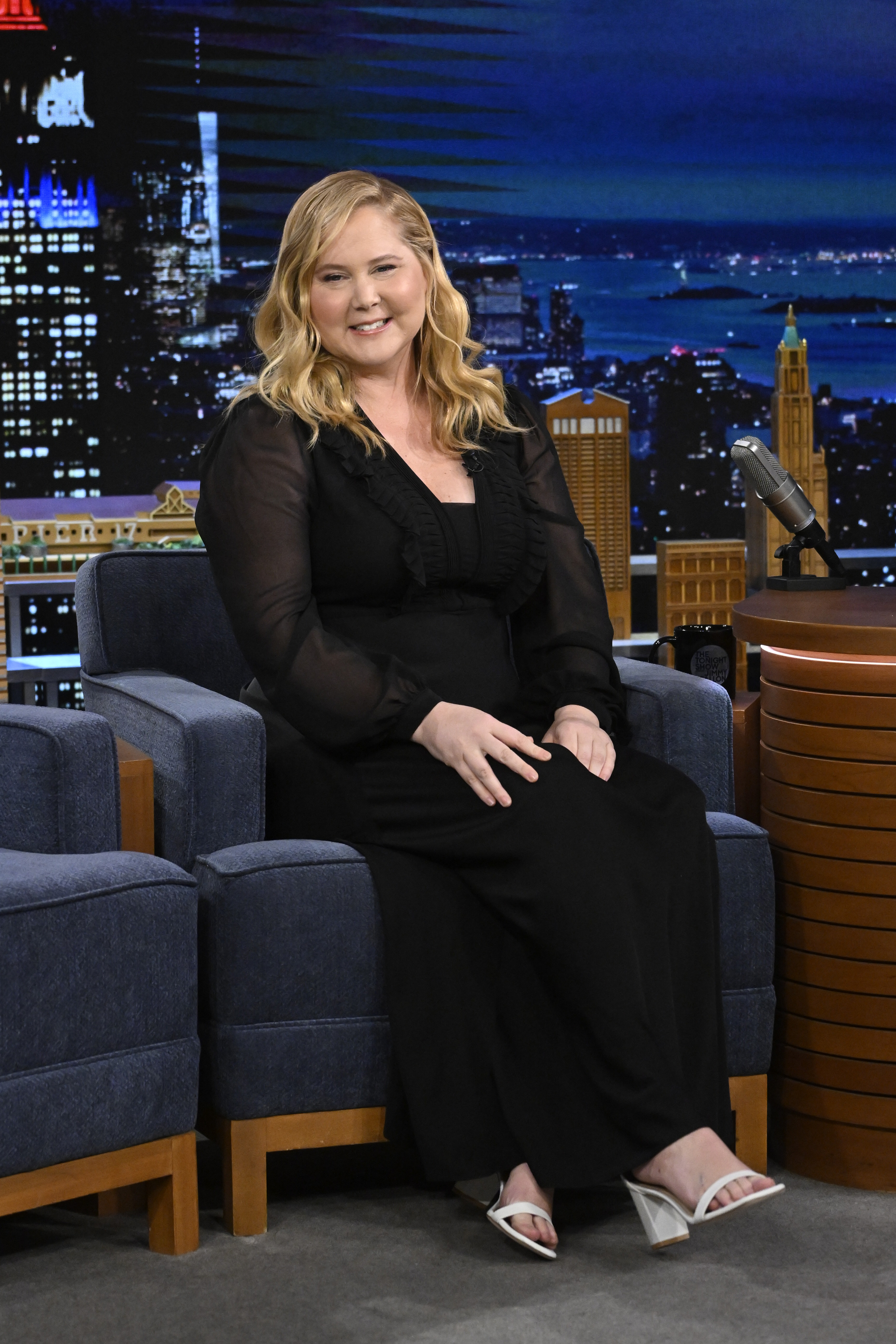 Amy Schumer appeared fuller-figured but radiant during an interview on "The Tonight Show Starring Jimmy Fallon" on February 13, 2024. Dressed in a long black dress with sheer sleeves, the actress's rounder face and broader frame were visible as she smiled on set, offering a softer look that preceded the more sculpted physique she would later reveal in 2026.