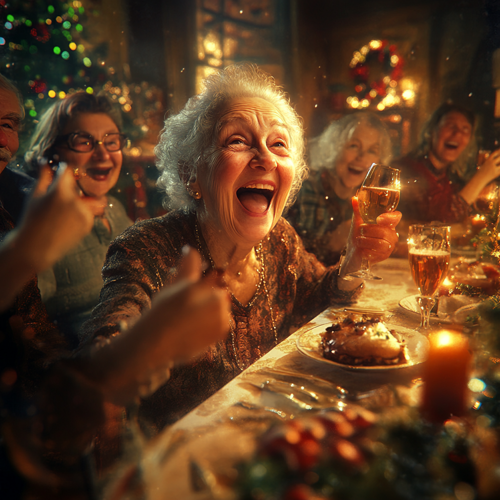 A cheerful older lady enjoying Christmas dinner with her friends | Source: Midjourney