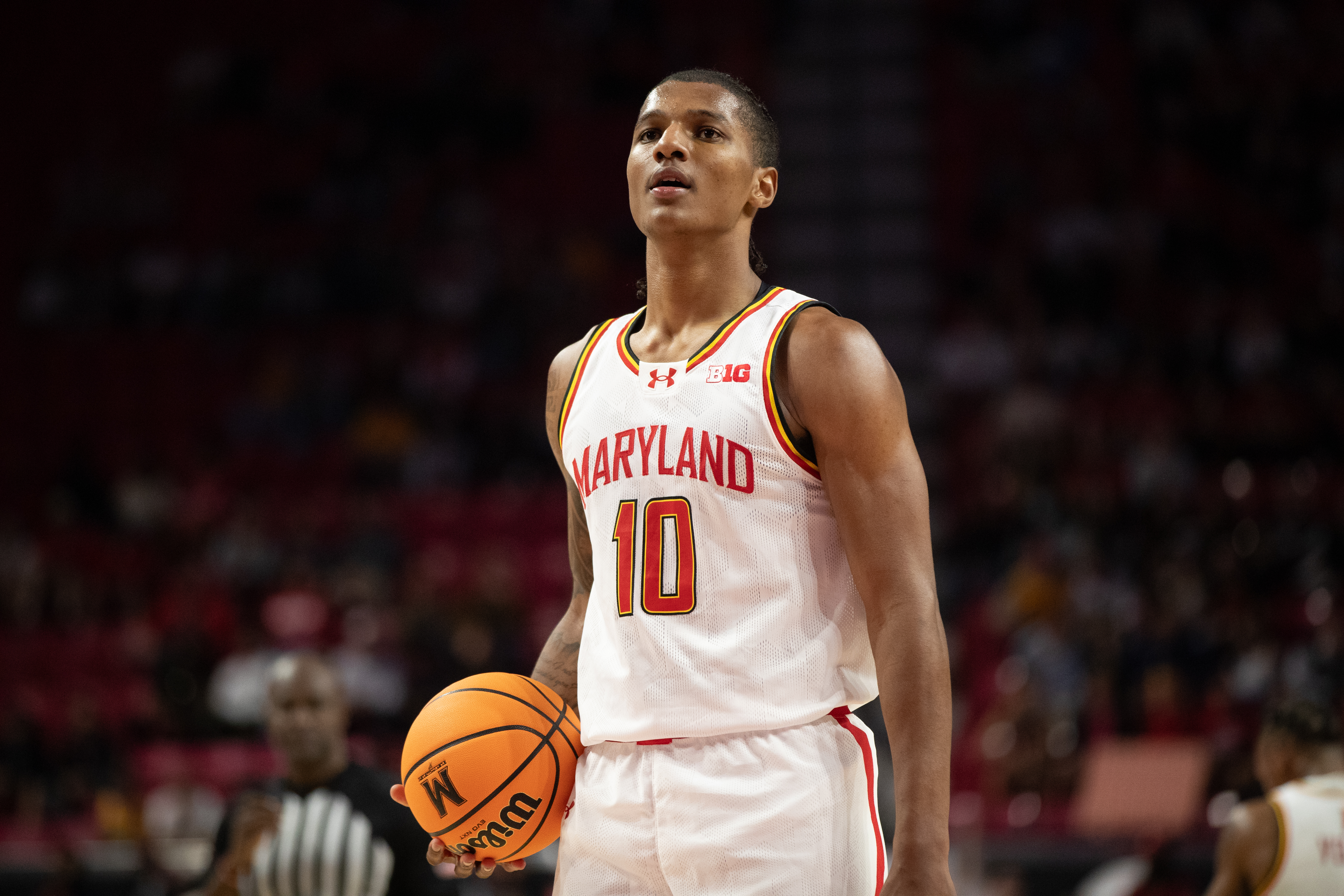 Maryland Terrapins forward Julian Reese (10) stands at the free-throw line during the game between the Mount St. Mary's and the Maryland Terrapins at Xfinity Center on November 7, 2023, in College Park, Maryland. | Source: Getty Images
