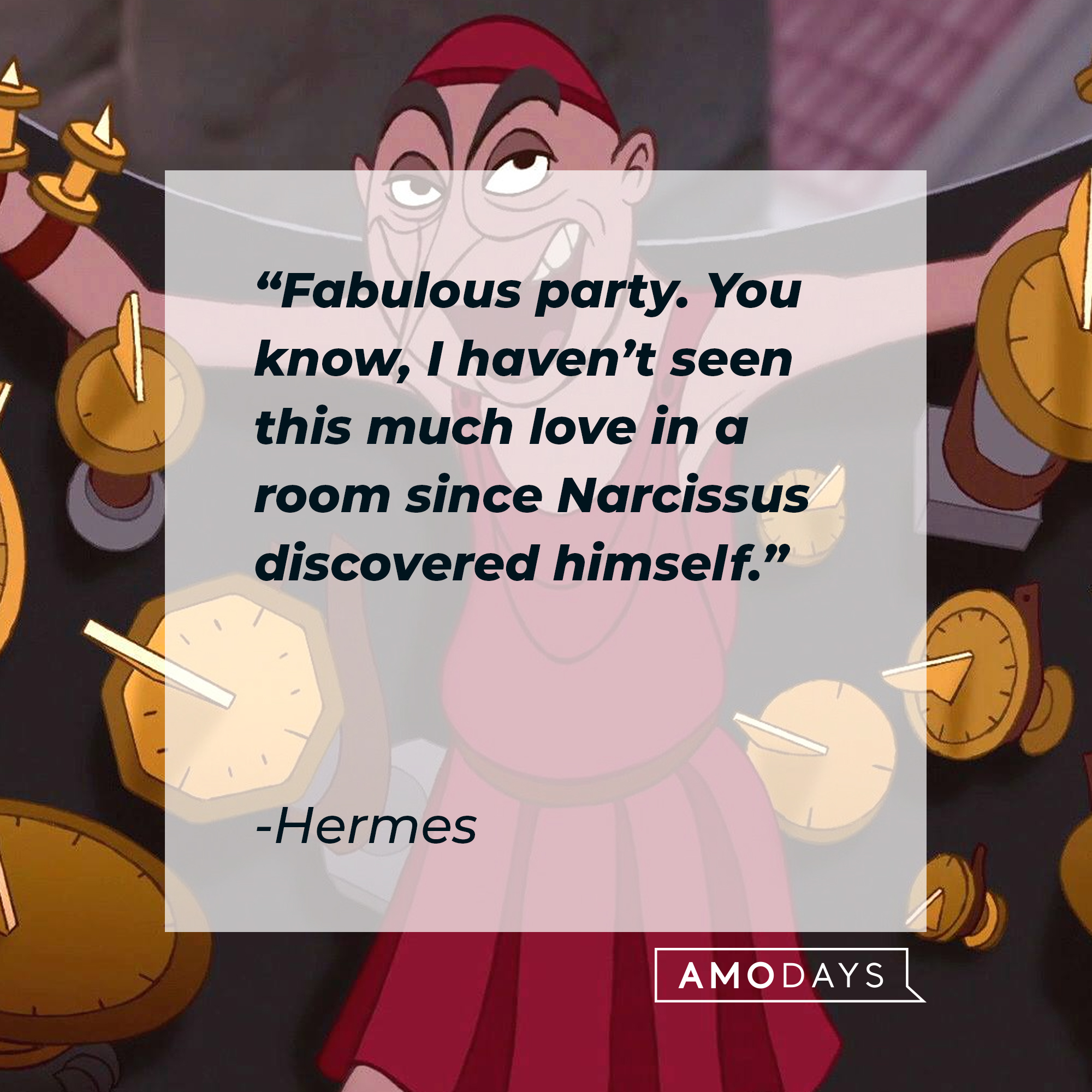 A character from the "Hercules" movie with Hermes’s quote: “Fabulous party. You know, I haven’t seen this much love in a room since Narcissus discovered himself.” | Source: Facebook.com/DisneyHercules