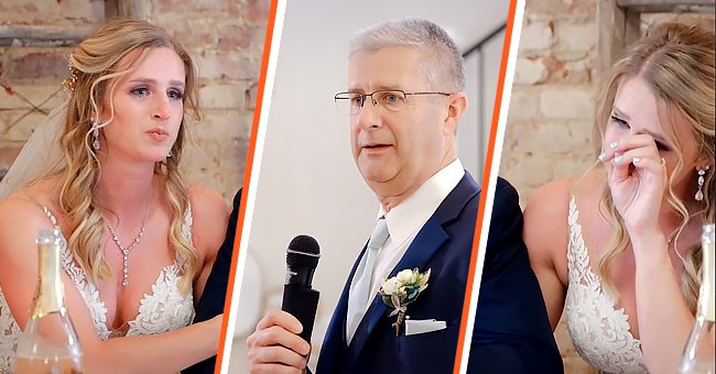 Bride is emotional during her father's speech [left] Father delivers a moving speech for the bridal couple [middle] Bride wipes away her tears [right] | Photo: tiktok.com/seajayfilms