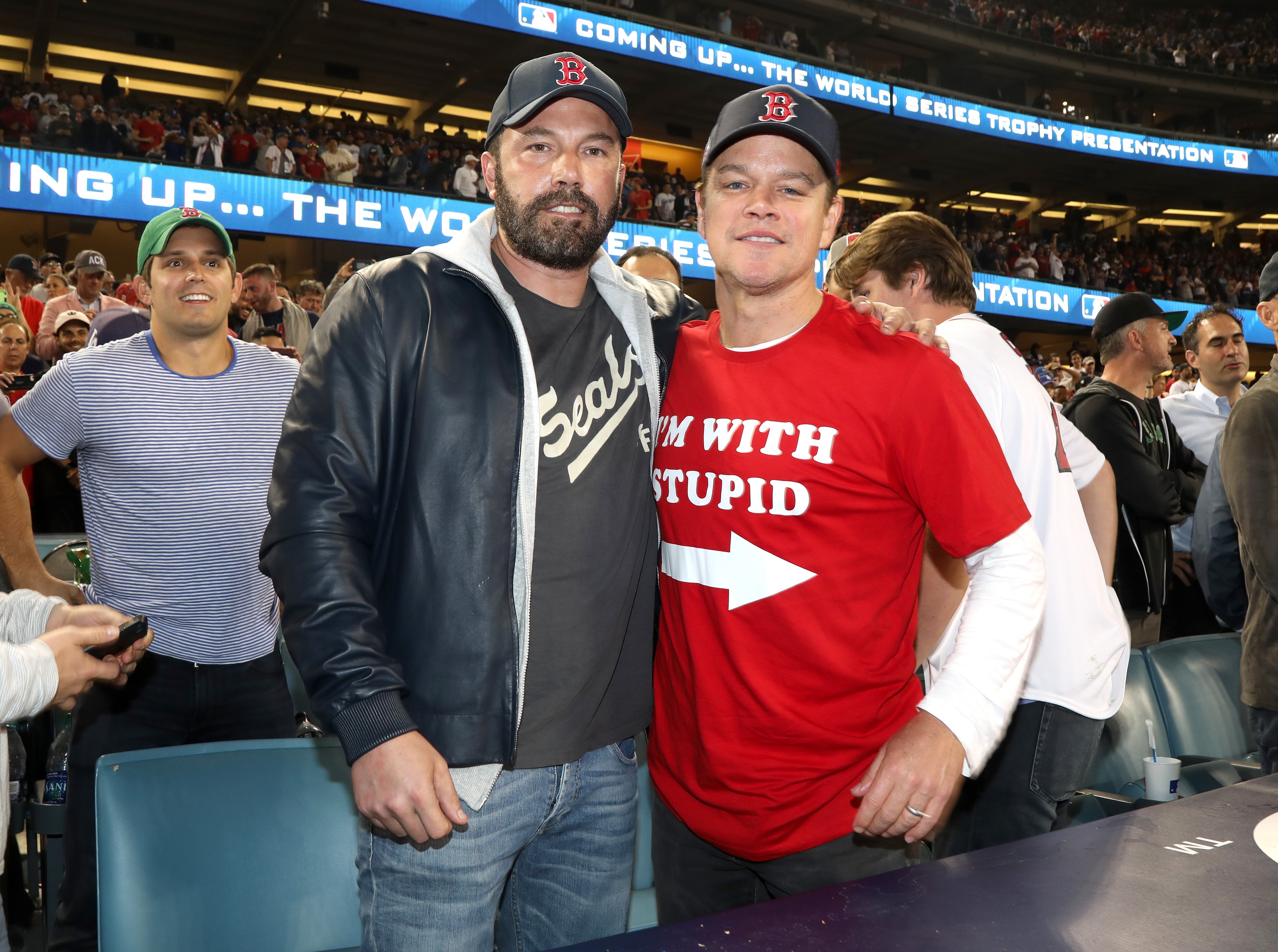 Ben Affleck and Matt Damon at the World Series game between the Boston Red Sox and the Los Angeles Dodgers at Dodger Stadium on October 28, 2018, in Los Angeles, California | Photo: Jerritt Clark/Getty Images