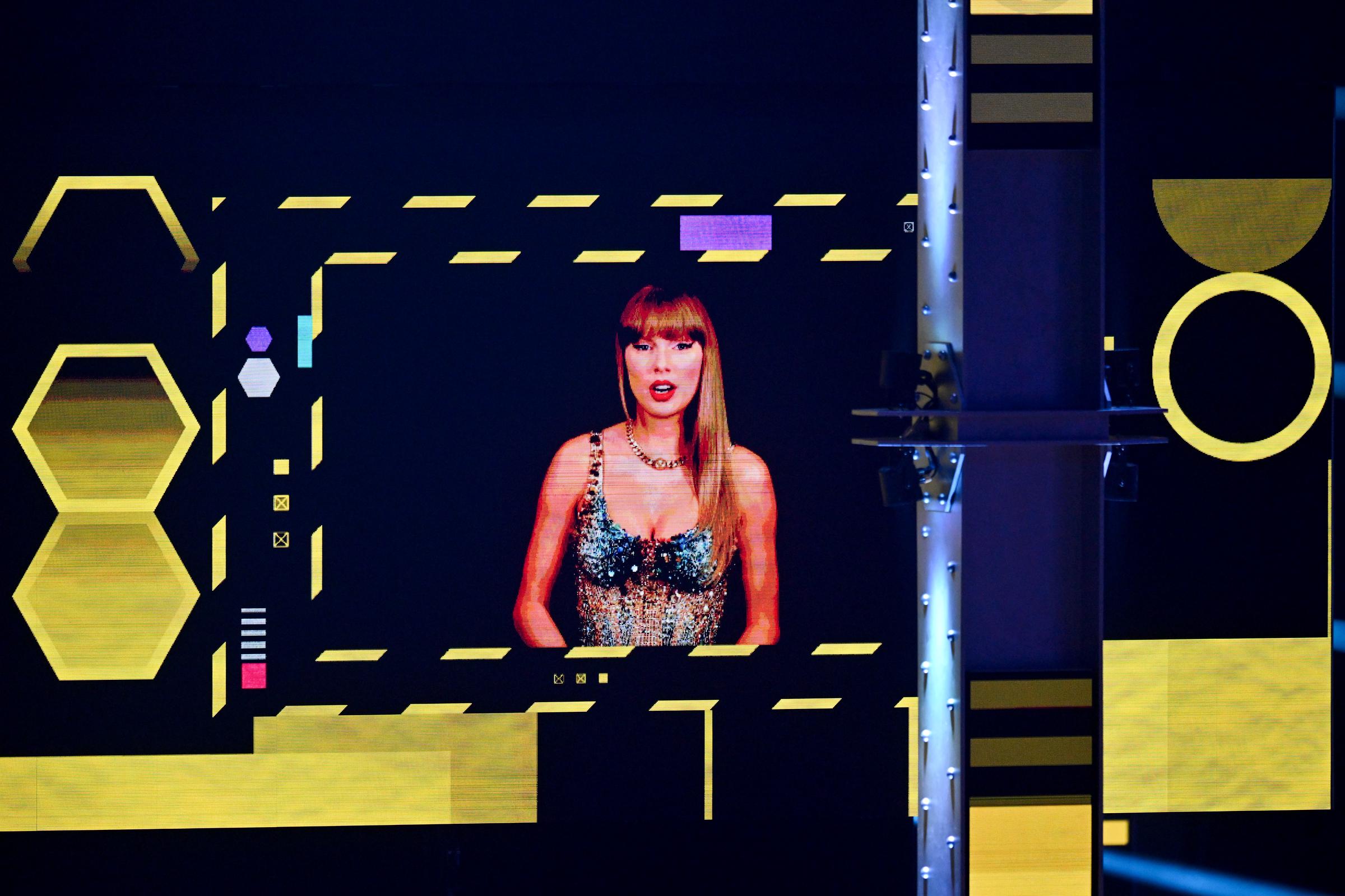 Taylor Swift in her video message to her fans at the 2024 MTV EMAs in Manchester, England on November 10, 2024