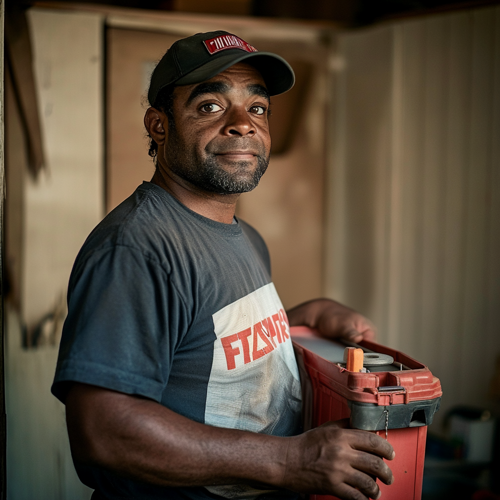 A handyman gives a faint smile while holding his toolbox | Source: Midjourney