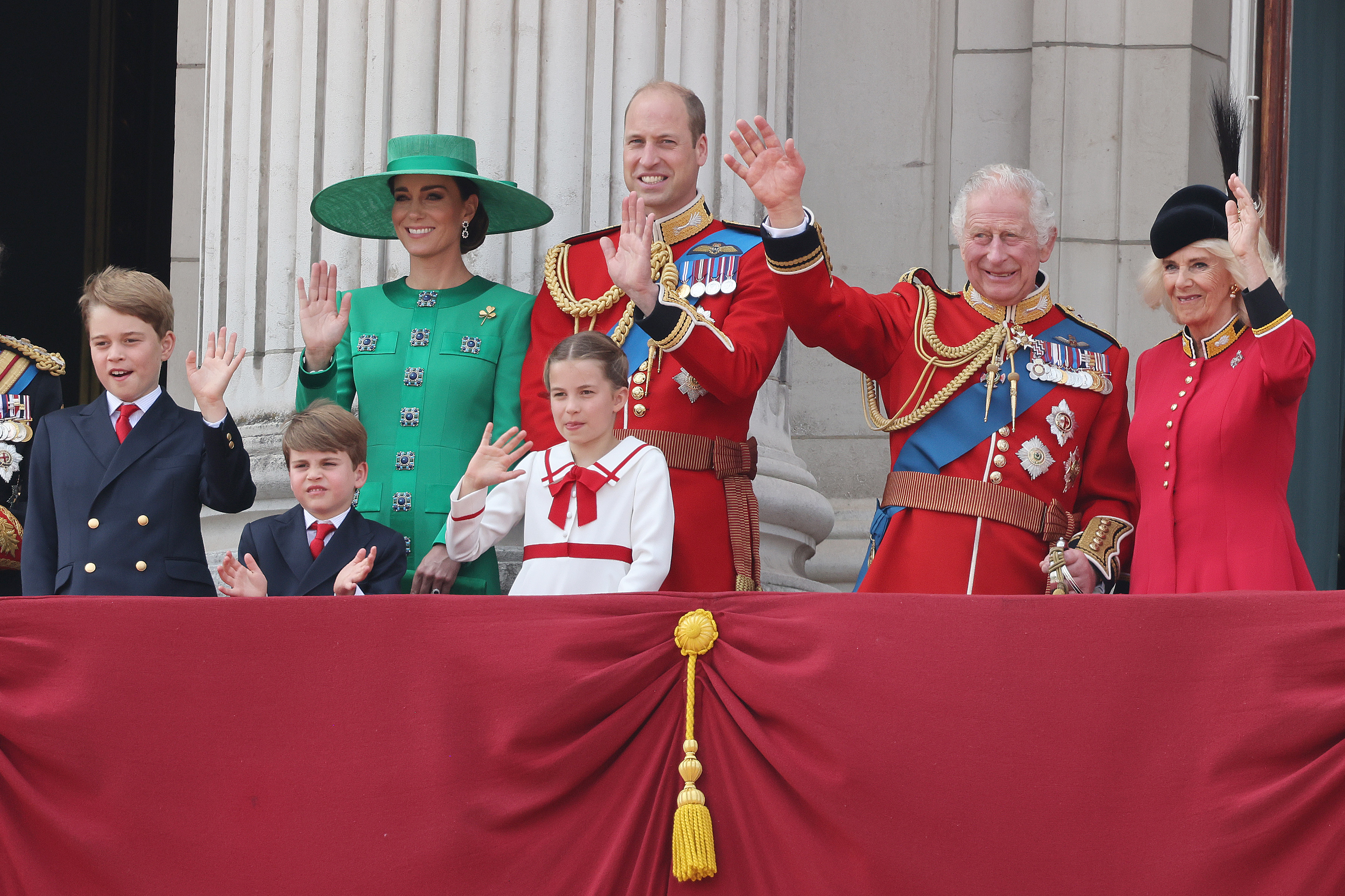Princess Catherine, Prince William, Queen Camilla, King Charles III, Prince George, Princess Charlotte, and Prince Louis on the balcony of Buckingham Palace watching a fly-past of aircraft by the Royal Air Force during Trooping the Colour on June 17, 2023 in London, England | Source: Getty Images