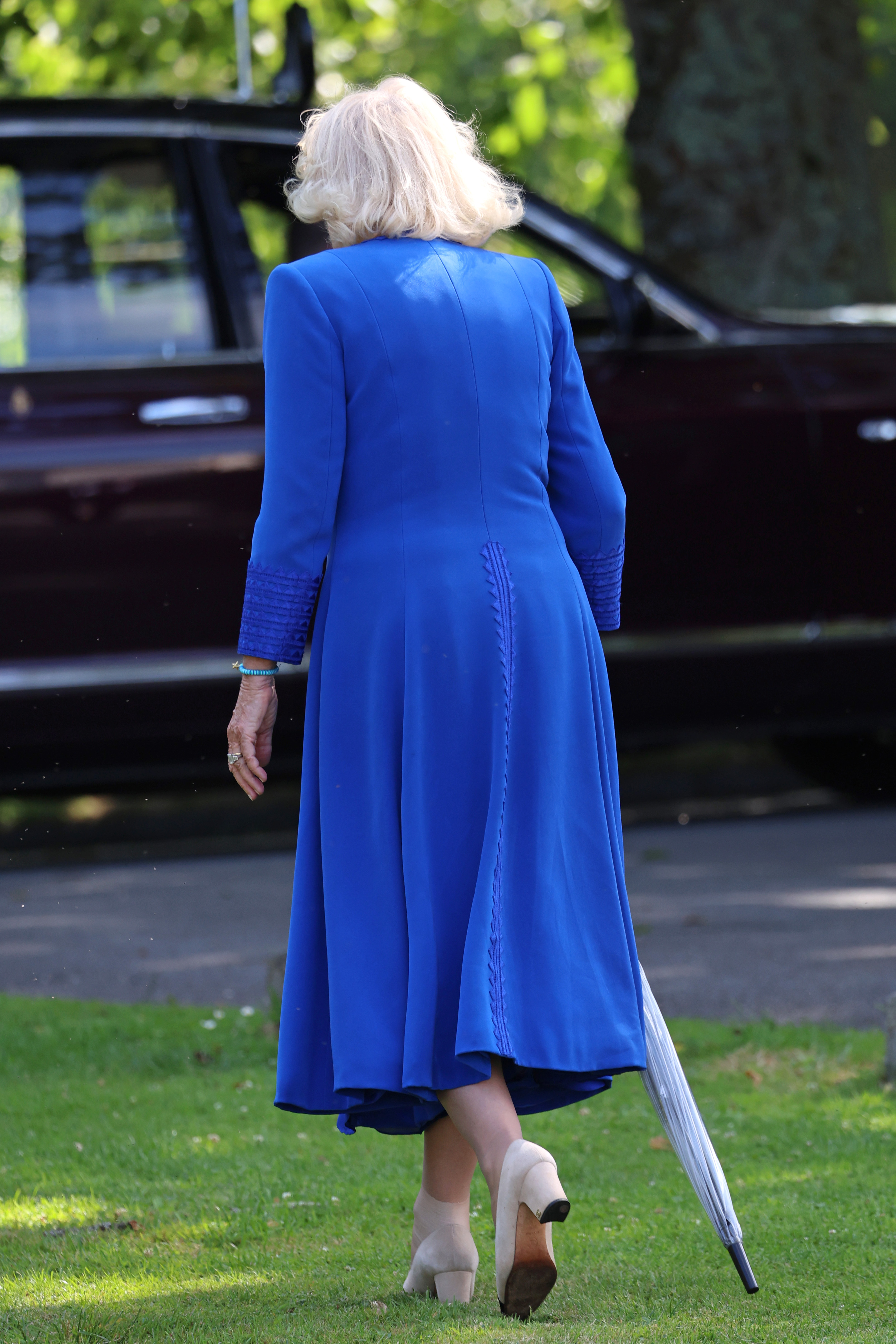 Queen Camilla leaves Les Cotils during an official visit to Guernsey on July 16, 2024. | Source: Getty Images