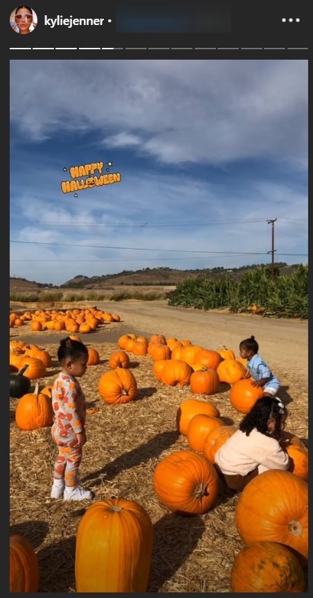 A snapshot from Kylie Jenner's story featuring True, Stormi, and Dream playing in the pumpkin patch. | Source: Instagram/kyliejenner