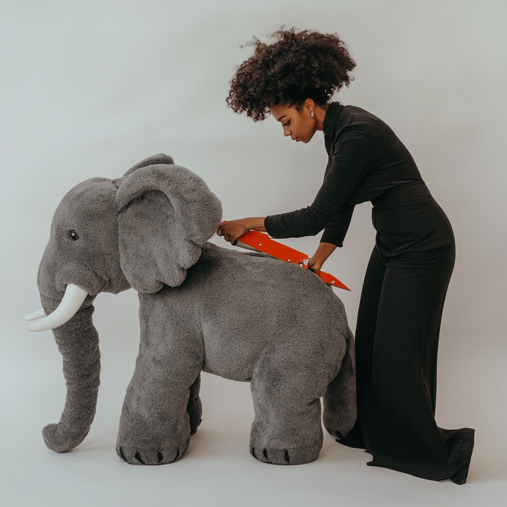 Woman cutting a giant stuffed elephant toy | Source: Midjourney