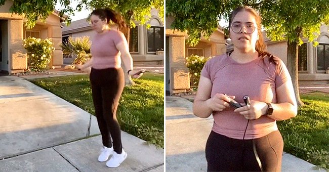 Joanna Jizzell skipping rope on her front yard before and after she is fat-shamed by a passerby | Photo: tiktok.com/joannajizzell