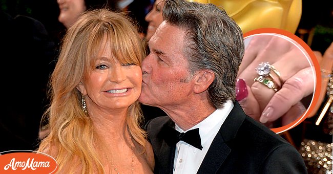 (L) Die Schauspieler Goldie Hawn und Kurt Russell nehmen am 2. März 2014 in Hollywood, Kalifornien, an der Oscar-Verleihung im Hollywood & Highland Center teil. (R) Ein Screenshot von Goldie Hawns Jubiläumsring | Quelle: Getty Images - YouTube/oprahwinfreyshow