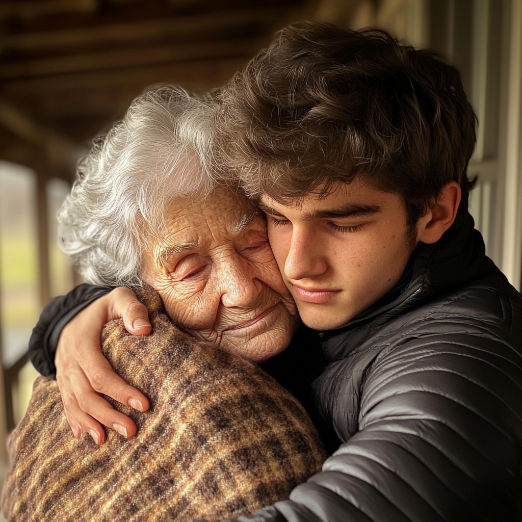 A man hugging his elderly mother | Source: Midjourney