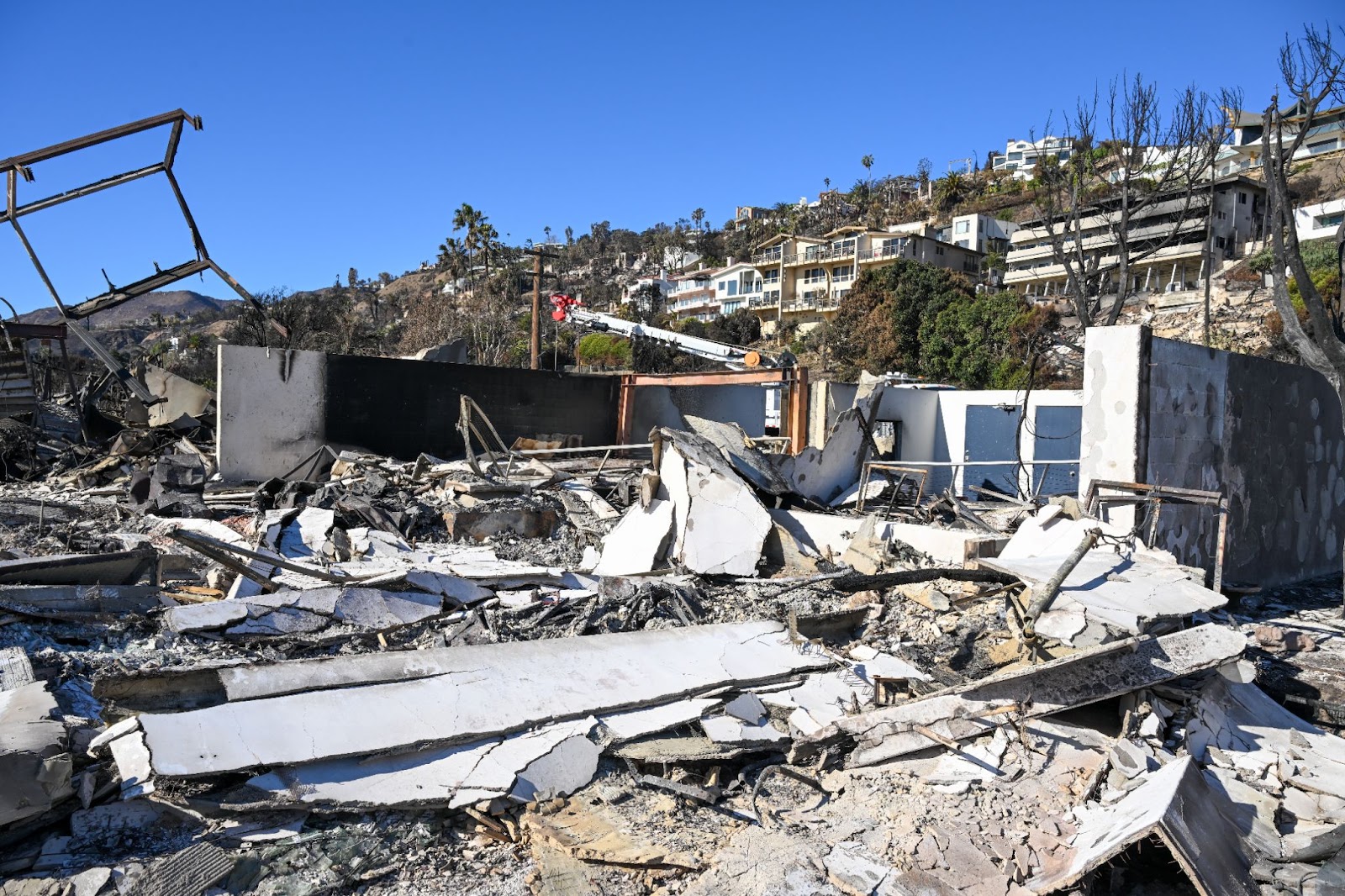 A devastating view of the damage caused by the Palisades wildfire in Los Angeles, California, on January 12, 2025. | Source: Getty Images