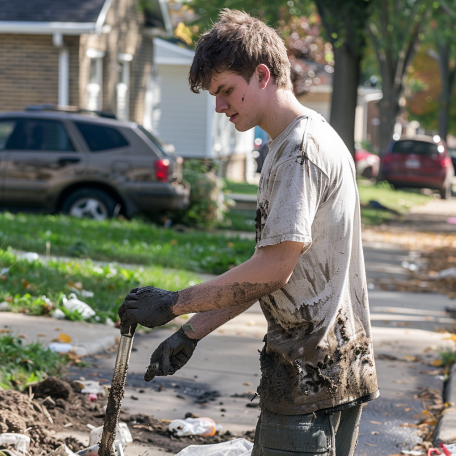 A young man in muddied clothes picking up trash in a neighborhood | Source: Midjourney