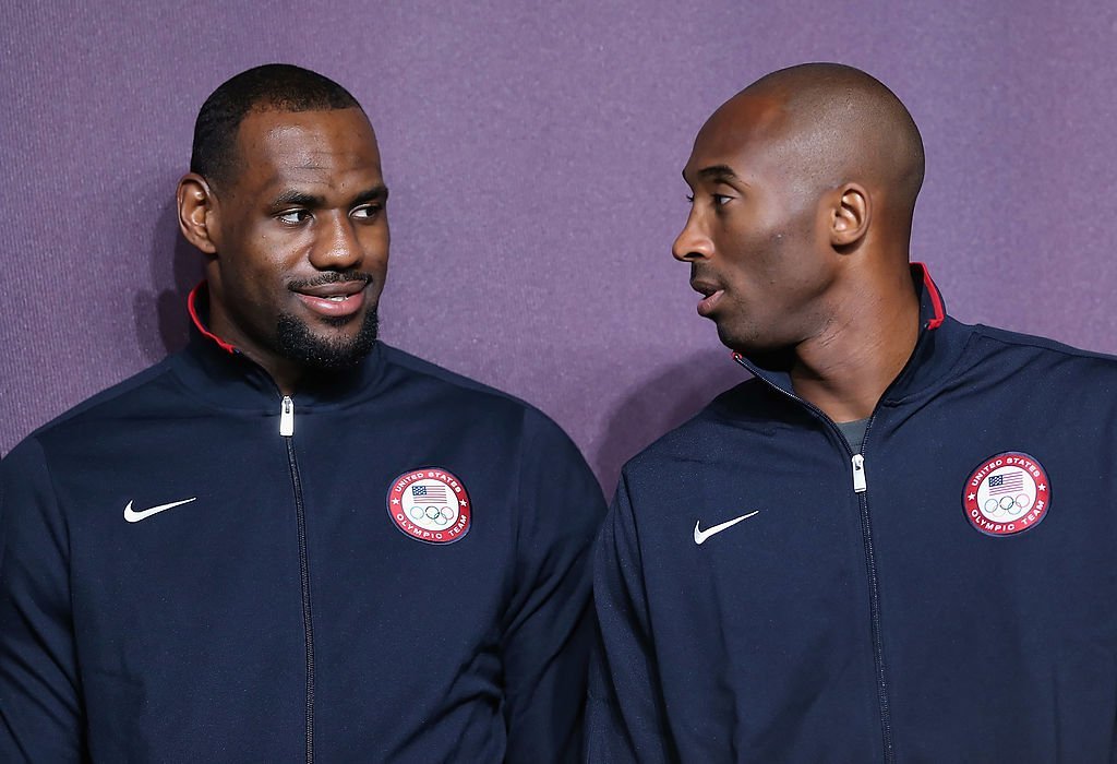 LeBron James and Kobe Bryant chat during a press conference for basketball ahead of the London 2012 Olympics, on July 27, 2012 in London, England | Source: Jeff Gross/Getty Images
