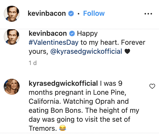 Kyra Sedgwick's comment on Kevin Bacon's February 14, 2023, Instagram post | Source: Instagram/kevinbacon 