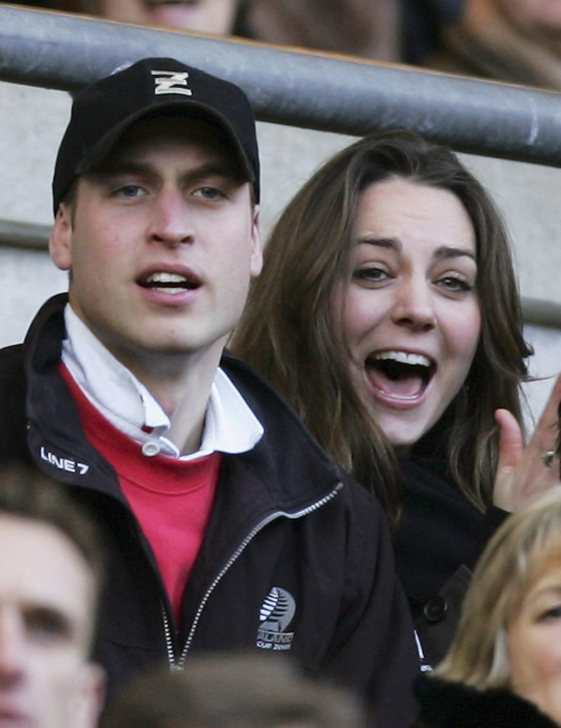 Prince William and Kate Middleton cheer on the English team during the RBS Six Nations Championship match between England and Italy at Twickenham on February 10, 2007 in London, England