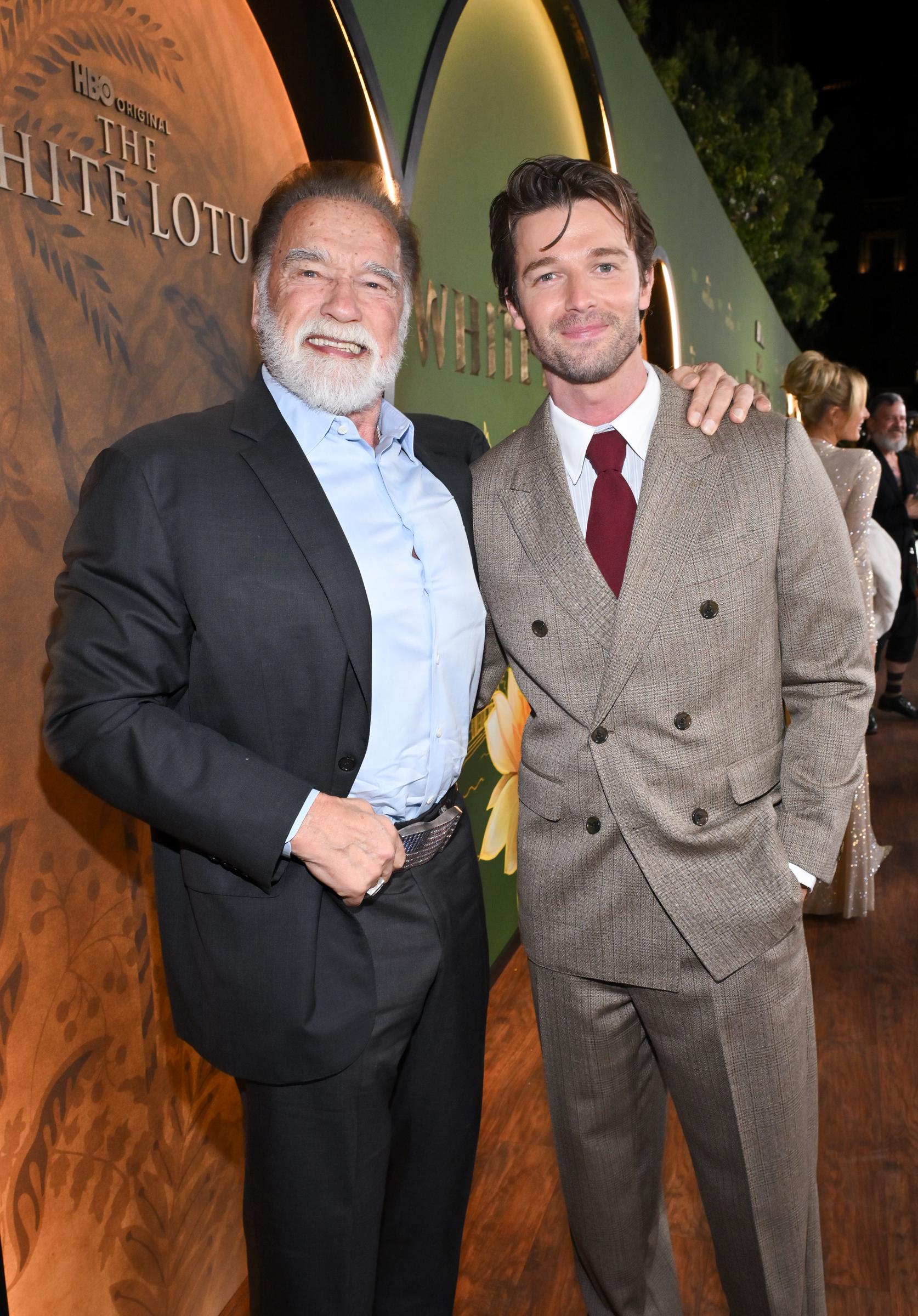 Arnold and Patrick Schwarzenegger at the premiere of "The White Lotus" Season 3 at Paramount Studios on February 10, 2025 | Source: Getty Images