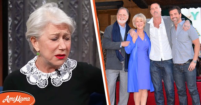 Helen Mirren on "The Late Show with Stephen Colbert" on March 10, 2018, and her with Taylor Hackford, and sons Rio and Alex Hackford at a ceremony honoring the actress on January 3, 2013, in Hollywood, California. | Source: YouTube/The Late Show with Stephen Colbert & Alberto E. Rodriguez/WireImage/Getty Images