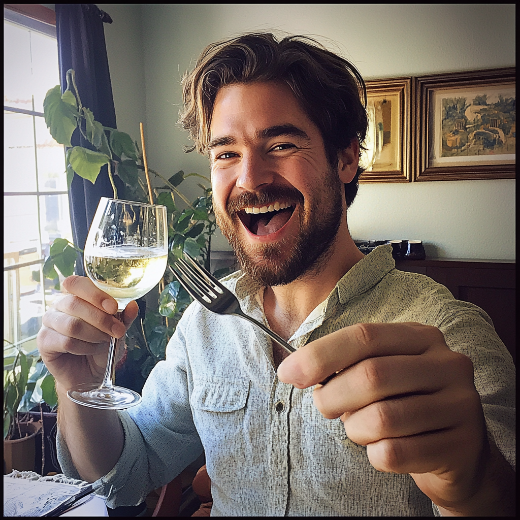 An excited man clinking his wine glass with a fork | Source: Midjourney