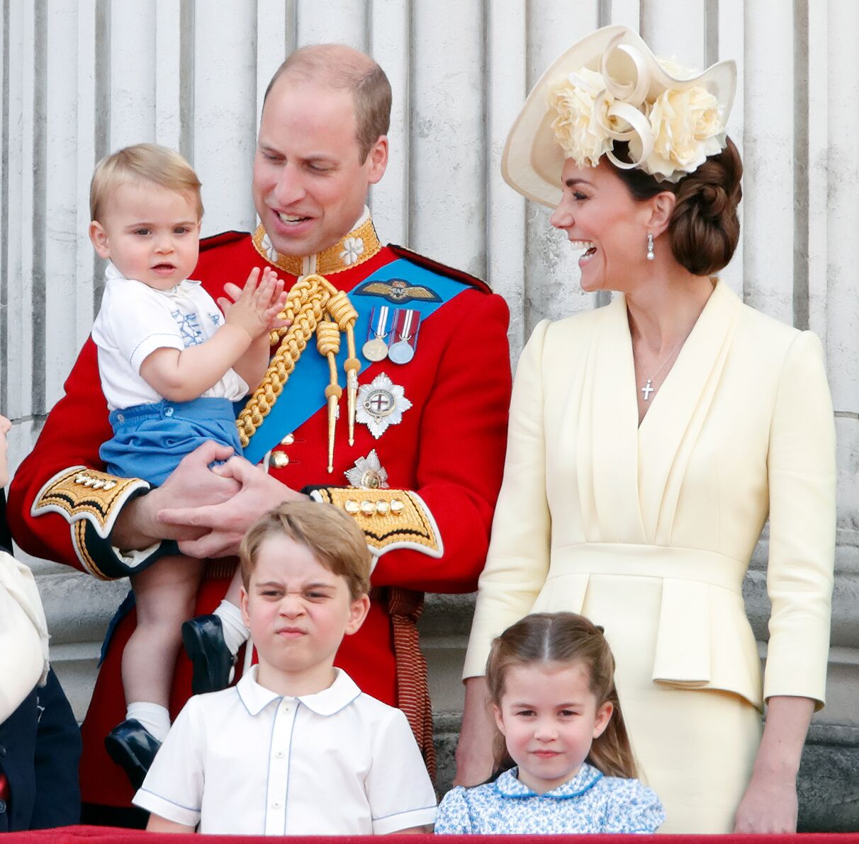 Prince William, Duke of Cambridge, Catherine, Duchess of Cambridge, Prince Louis of Cambridge, Prince George of Cambridge and Princess Charlotte of Cambridge stand on the balcony of Buckingham Palace during Trooping The Colour, the Queen's annual birthday parade, on June 8, 2019 | Photo: Getty Images