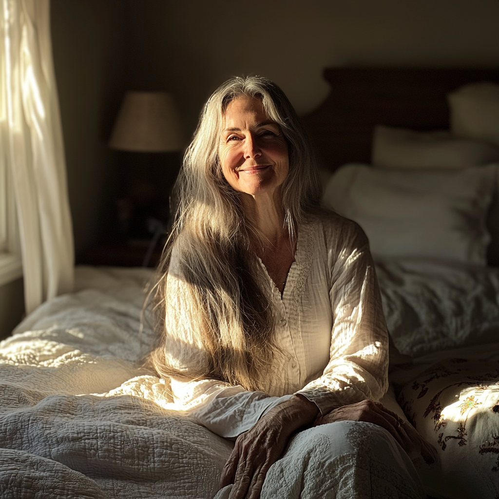 A smiling older woman sitting on a bed | Source: Midjourney