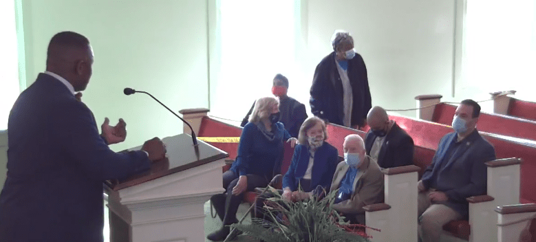 Jimmy Carter and Rosalynn Carter pictured in the front pew. 2021. | Photo: Facebook/MBCPlains