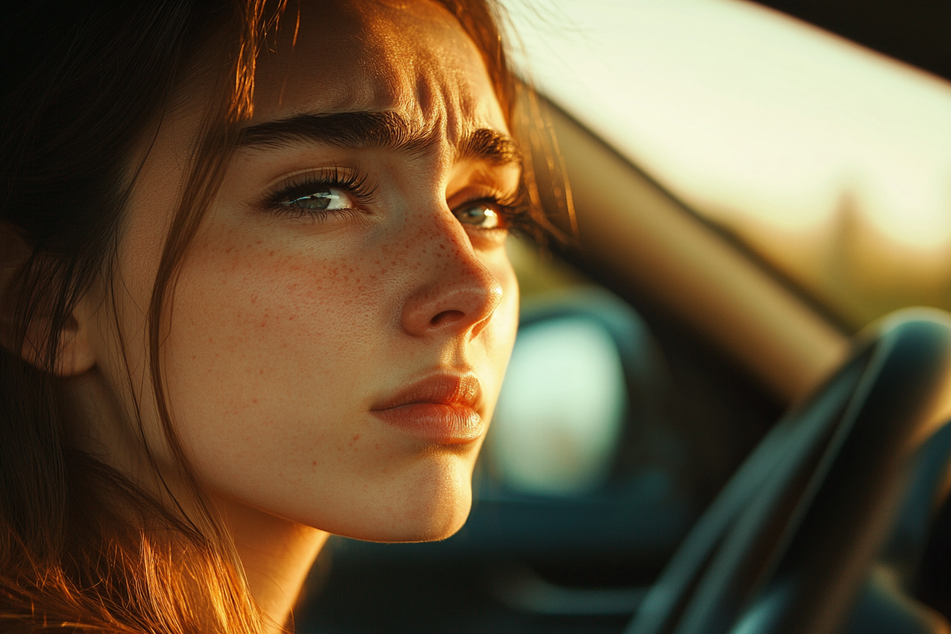 A woman sitting in a car turning to her side | Source: Midjourney