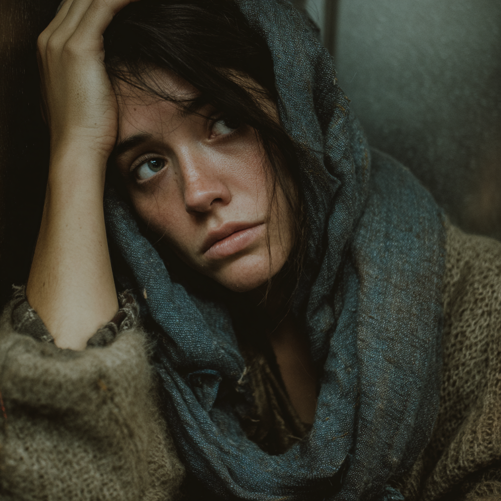 An emotional woman with her hand on her head | Source: Midjourney