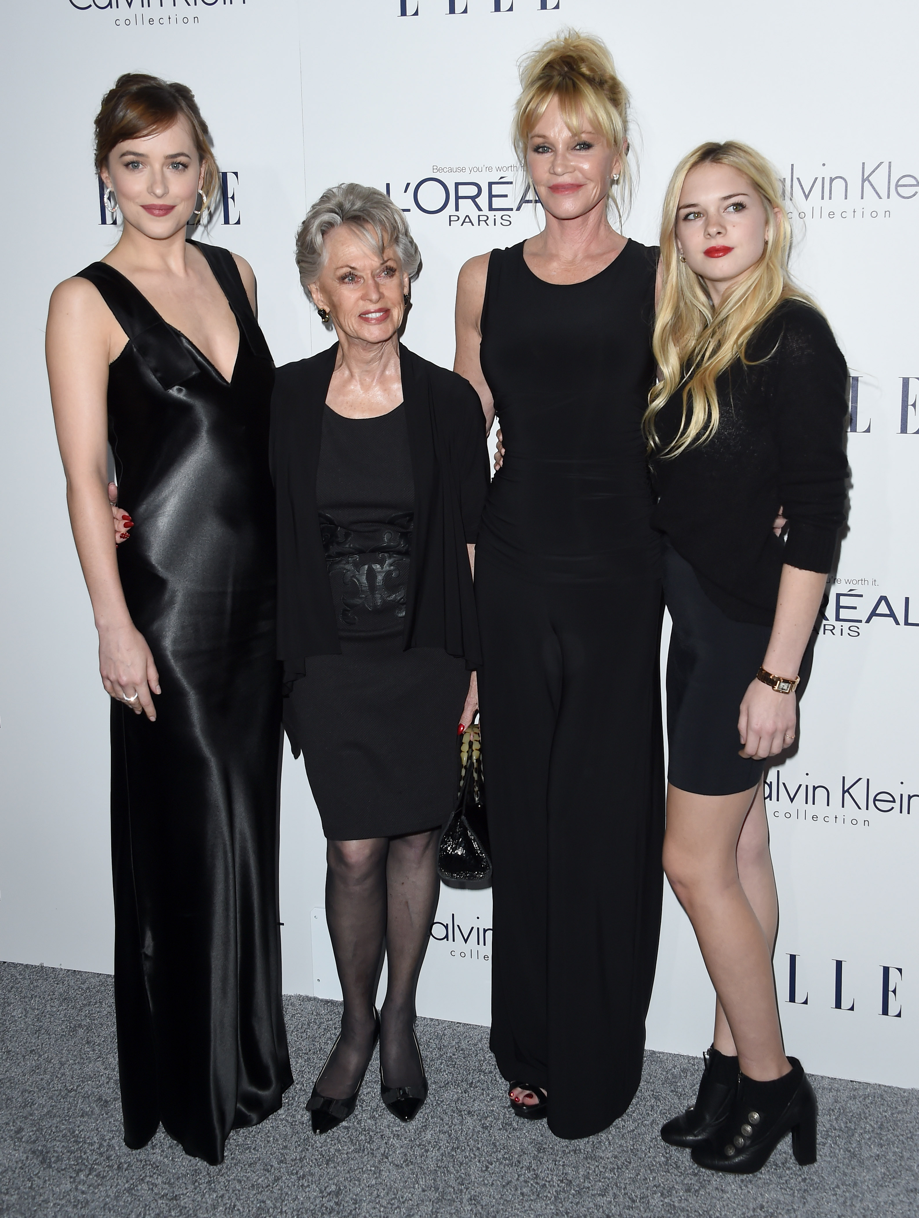 Dakota Johnson, Tippi Hedren, Melanie Griffith and Stella Banderas at the 22nd Annual Elle Women In Hollywood Awards in Los Angeles, California on October 19, 2015 | Source: Getty Images