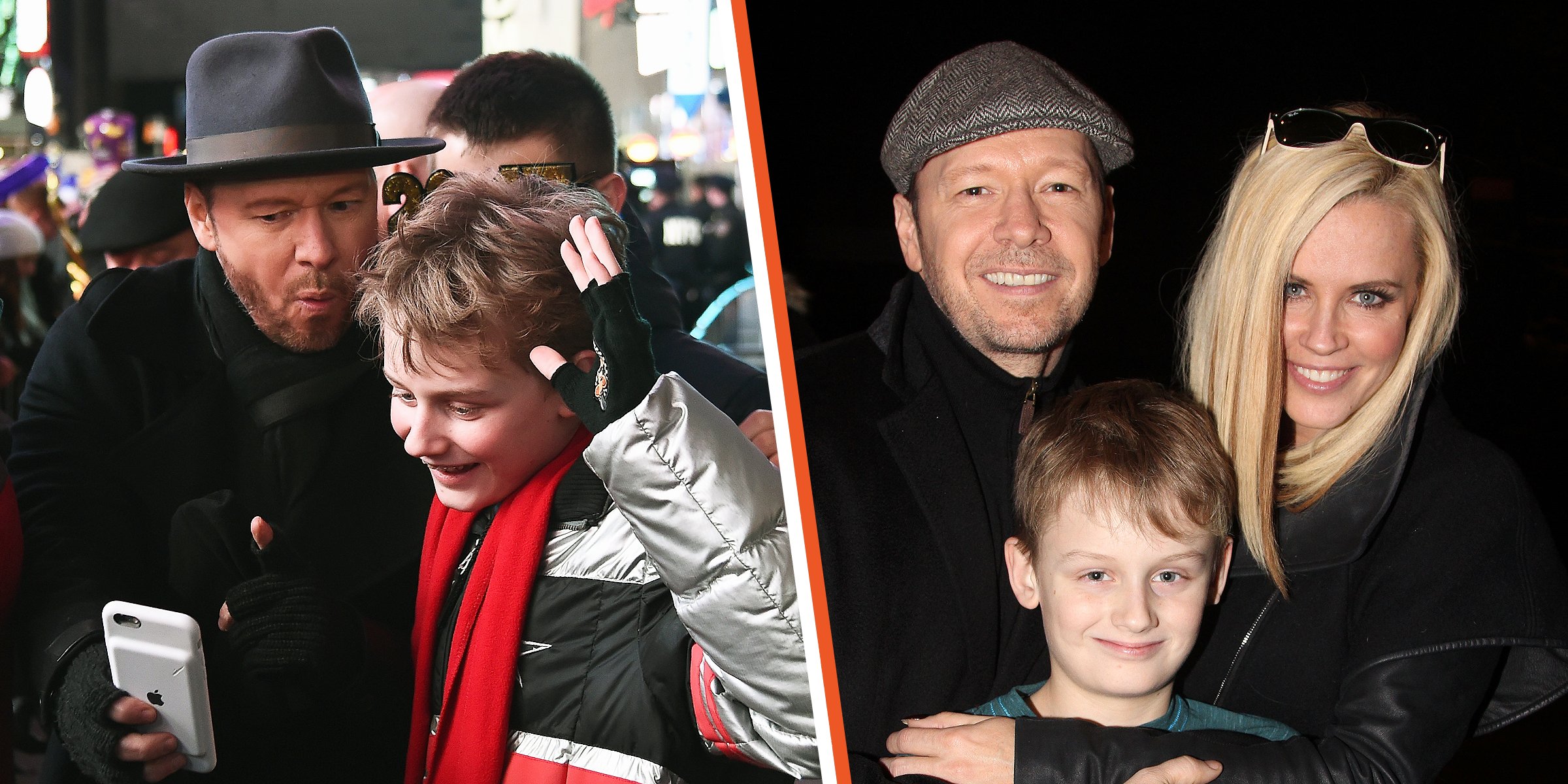 Donnie Wahlberg and his stepson, Evan | Donnie Wahlberg, Jenny McCarthy, and her son | Source: Getty Images