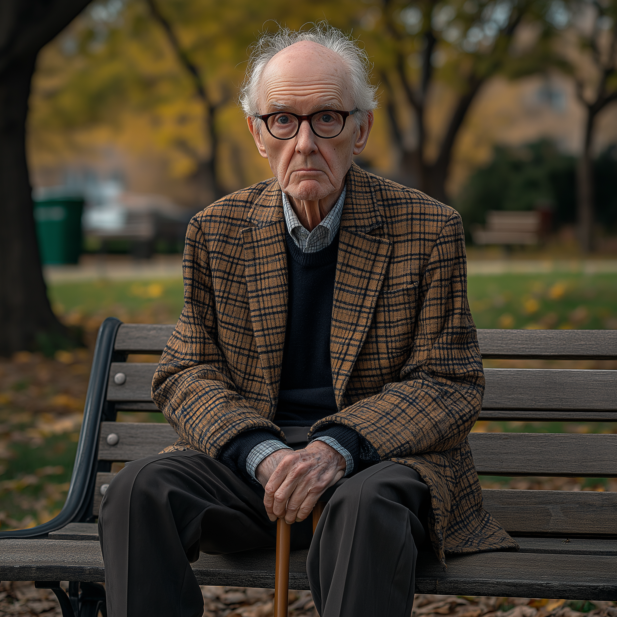 A frail-looking old man seems remorseful while sitting in a park | Source: Midjourney