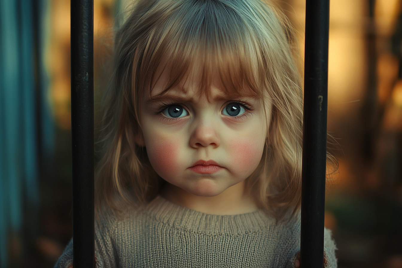 A little girl standing behind steel bars | Source: Midjourney