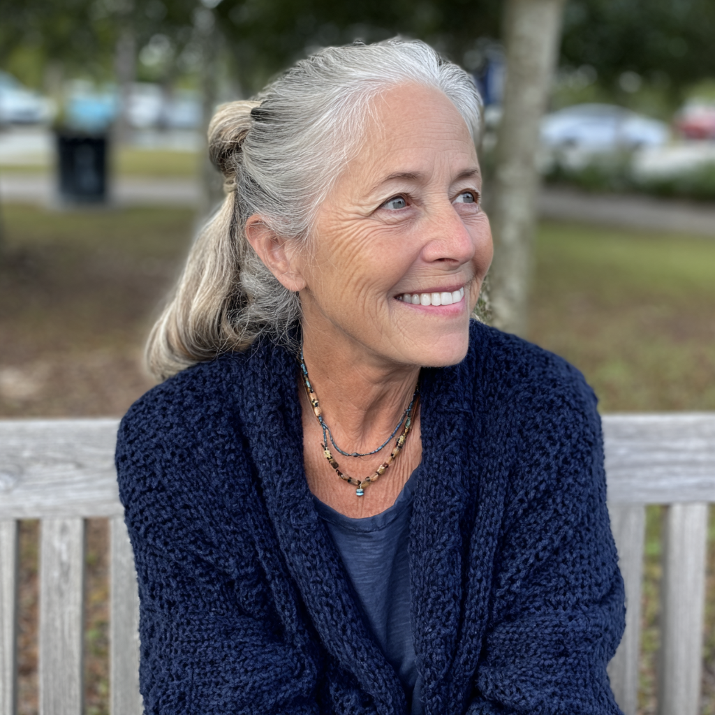 A smiling older woman sitting at the park | Source: Midjourney