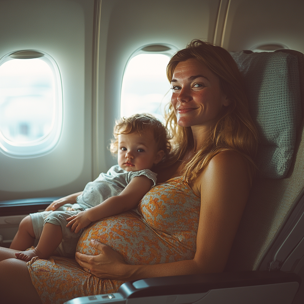 A happy pregnant woman with a toddler in her lap | Source: Midjourney