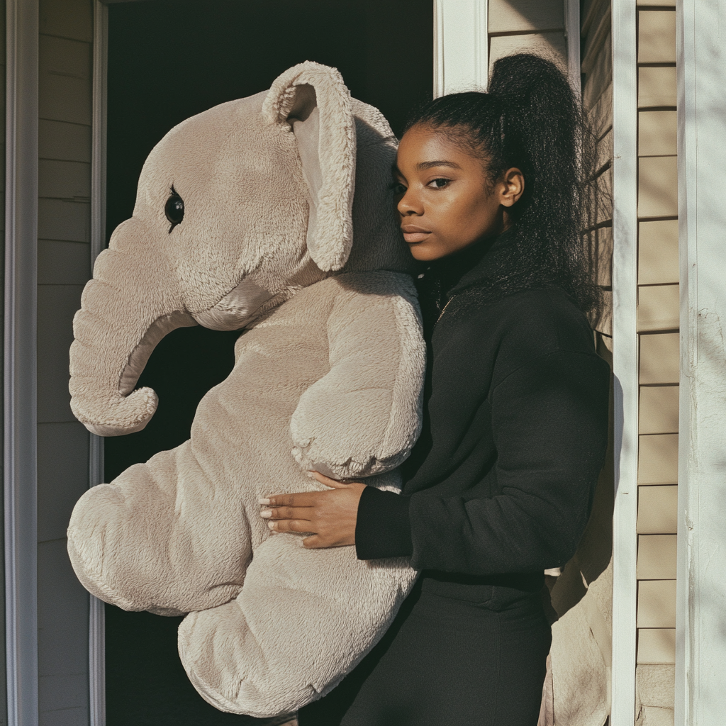 A woman holding a giant stuffed elephant toy | Source: Midjourney