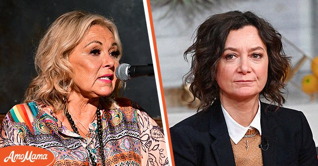 [Left] Roseanne Barr speaking at an event; [Right] Sarah Gilbert at a talk show | Source: Getty Imges