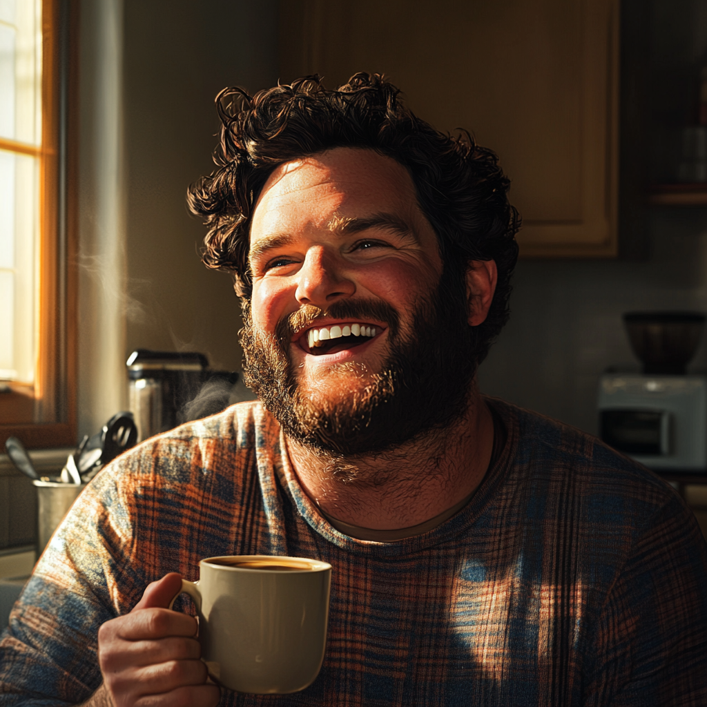 A cheerful man holding a cup of coffee | Source: Midjourney