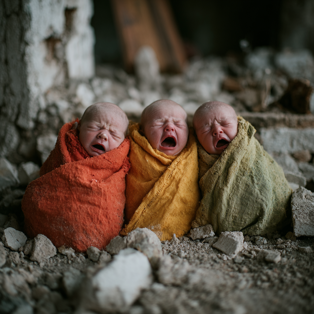 Triplets crying in an abandoned building | Source: Midjourney
