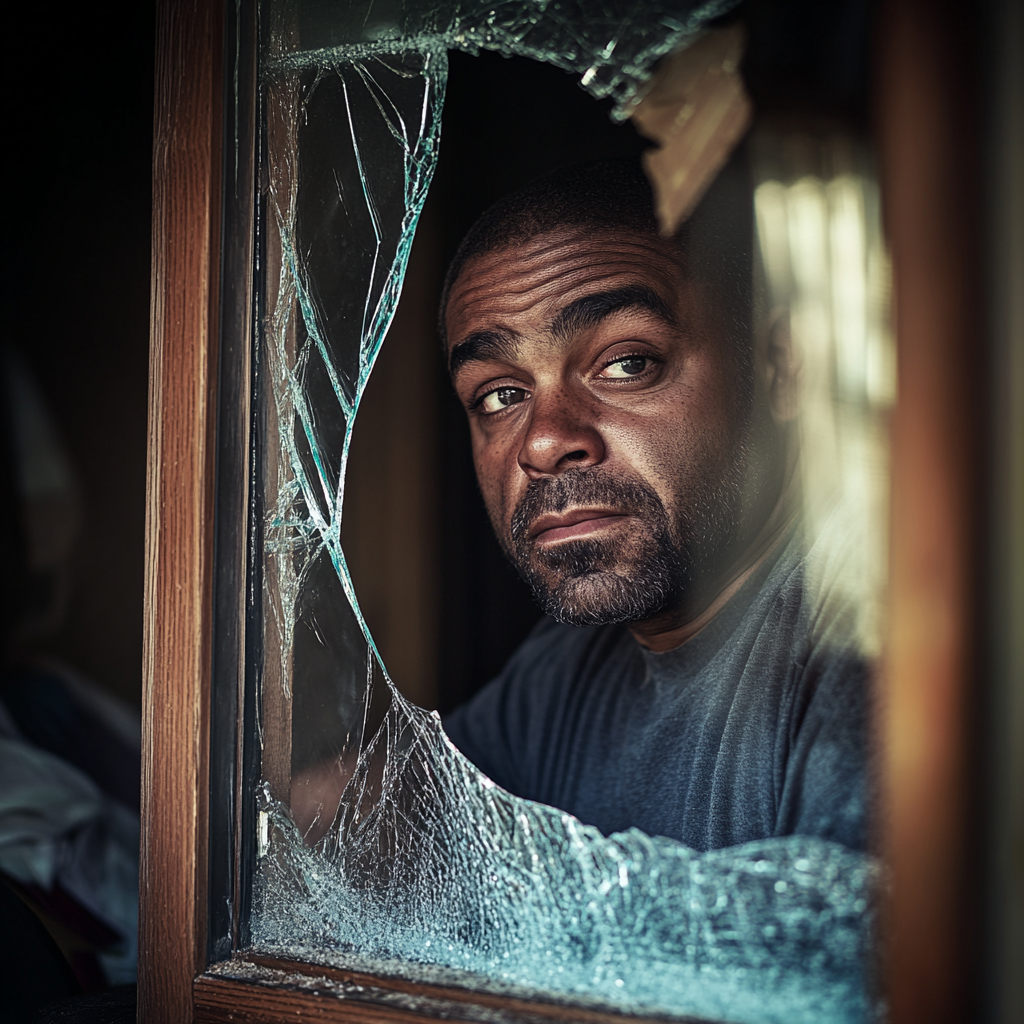 A handyman appears stressed and bothered while looking through a broken glass window | Source: Midjourney