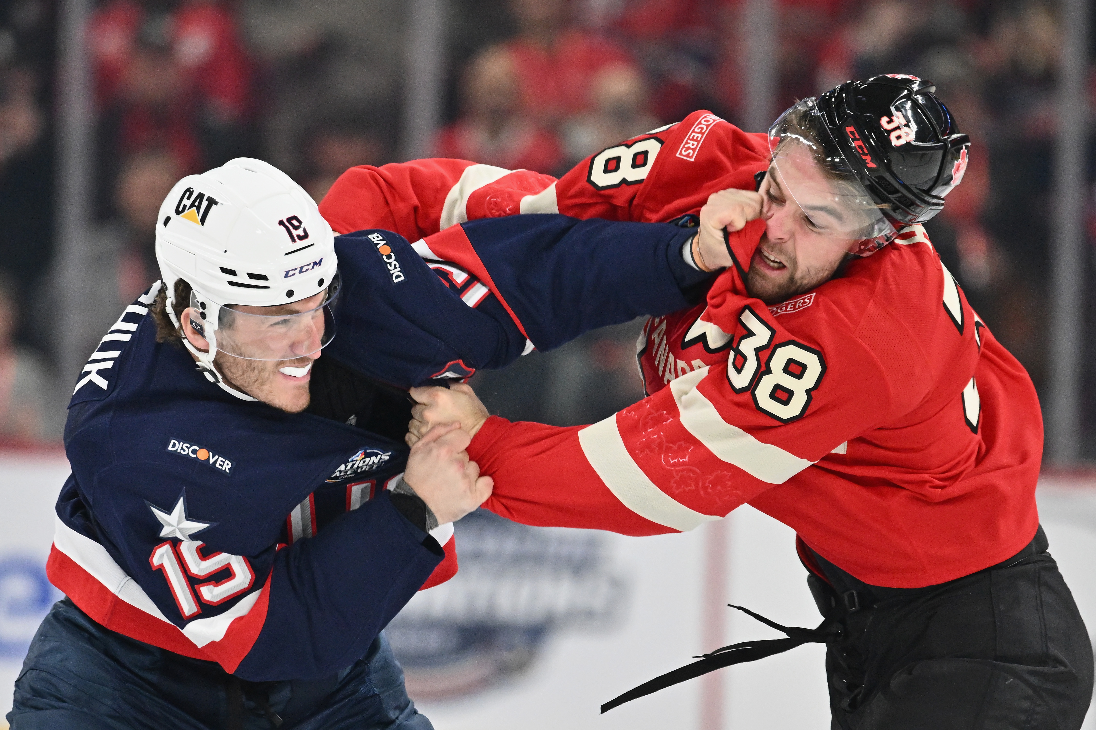 Matthew Tkachuk, #19 of Team USA, fights with Brandon Hagel, #38 of Team Canada, during the first period in the 4 Nations Face-Off game on February 15, 2025 in Montreal, Quebec, Canada | Source: Getty Images