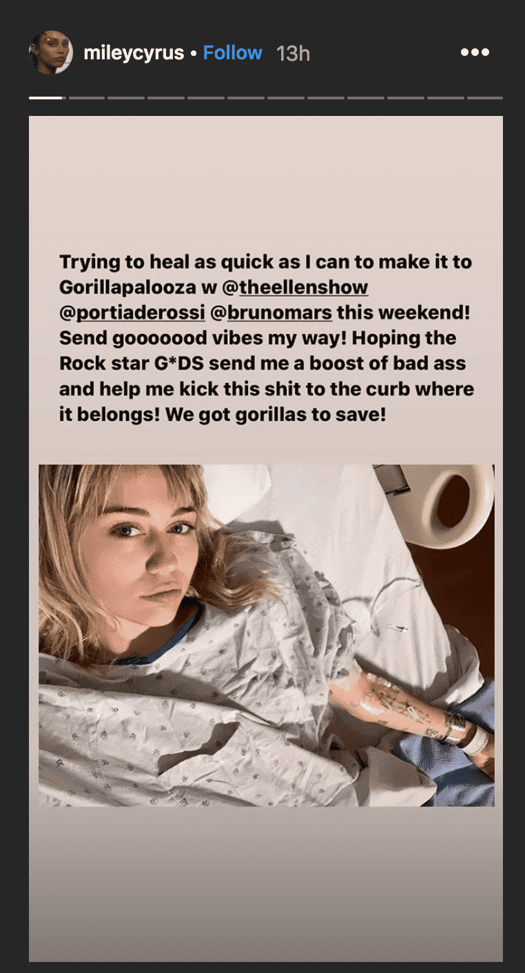 As she's taken in for tonsilitis, Miley Cyrus shares a picture from her hospital bed | Source: instagram.com/mileycyrus
