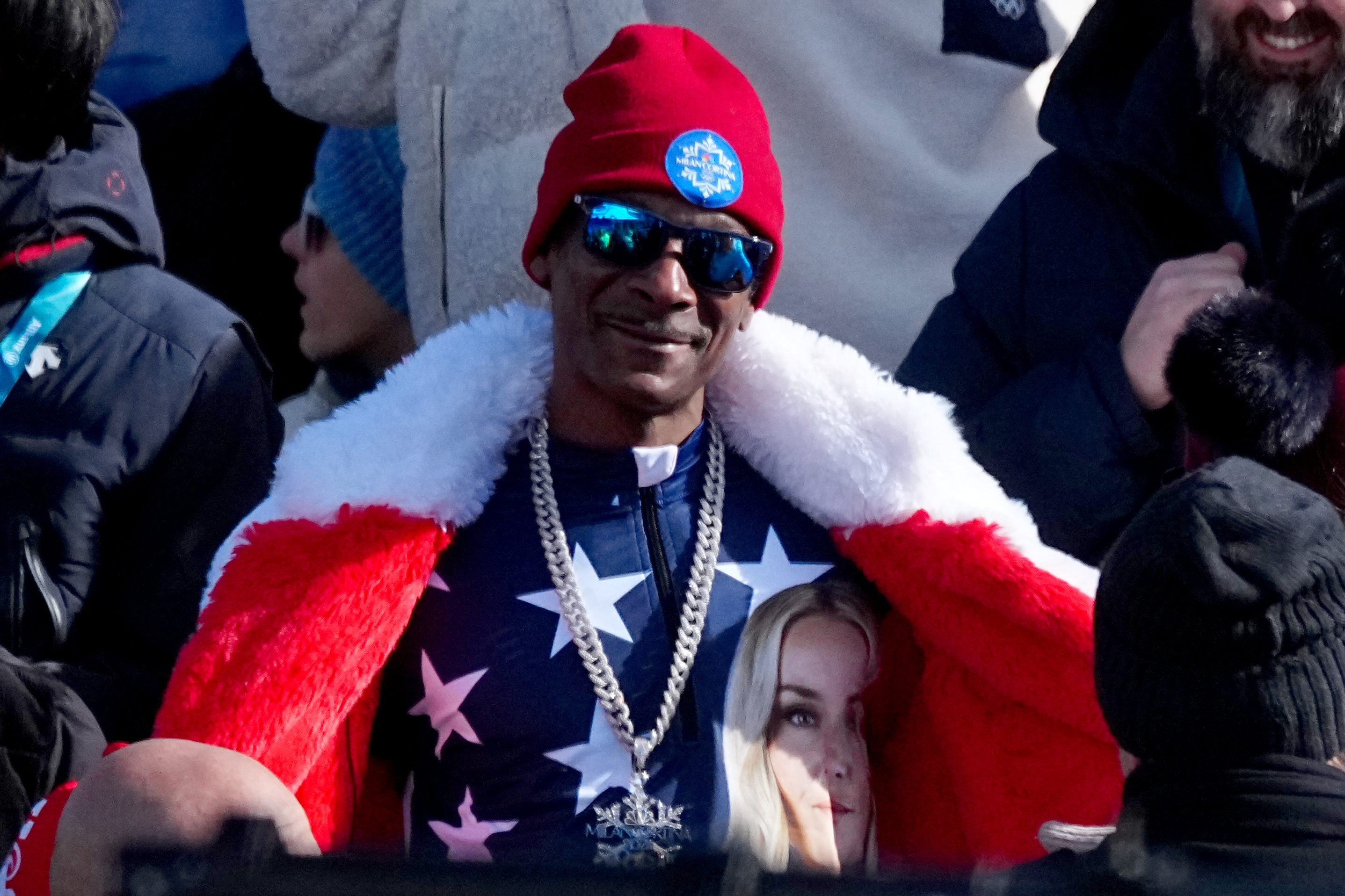 Snoop Dogg follows the women's alpine skiing downhill during the Winter Olympic Games on February 8, 2026, in Cortina d'Ampezzo, Italy | Source: Getty Images