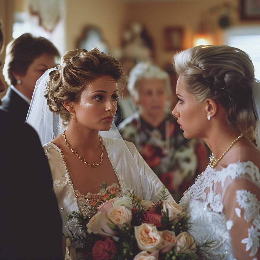 Bride confronting another woman in white | Source: Midjourney