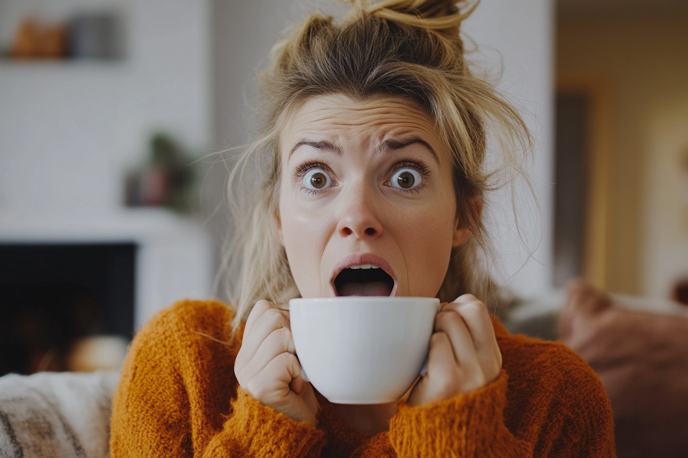 A shocked woman holding a white coffee cup | Source: Midjourney